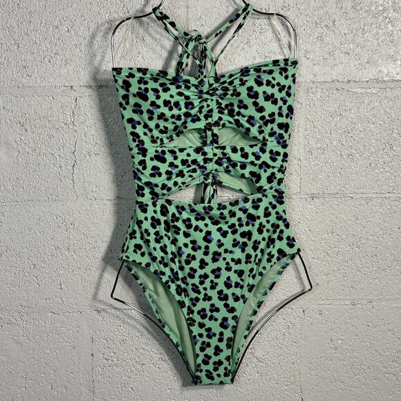 Jessica Simpson Wild Thing Ruched Keyhole Front 1Piece Swimsuit, Leopard Medium - Picture 1 of 10